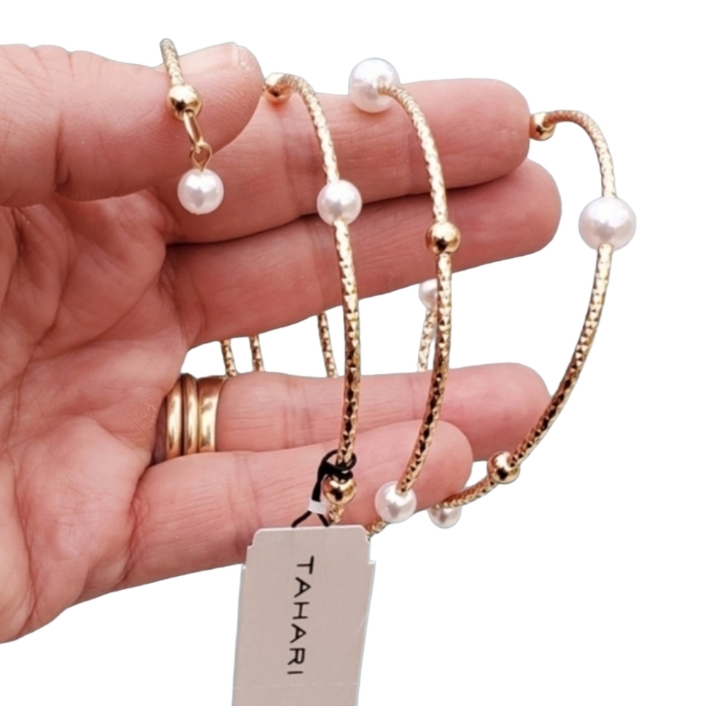 TAHARI Hammered Gold Pearl Coil Bracelet Memory Wire Wrap Spiral Bangle Bypass - Picture 3 of 11
